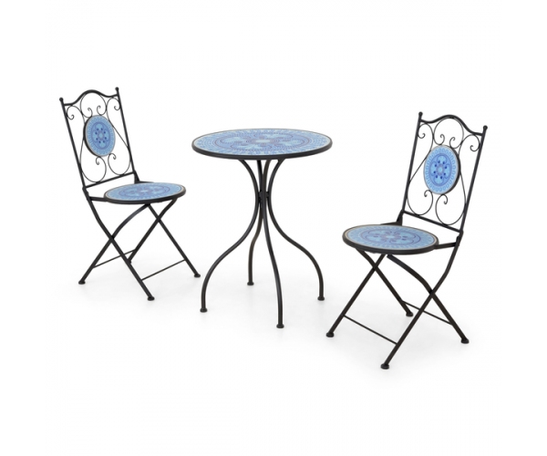 Set mobilier terasa Florals, 2 scaune pliabile si masuta, Albastru/ Negru