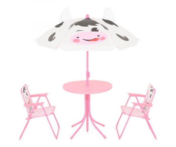 Set mobilier gradina copii, Cow, 2 scaune, masuta si umbrela, roz