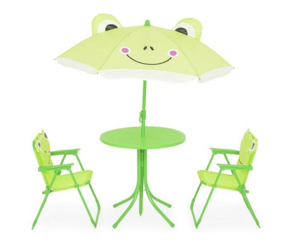 Set mobilier gradina copii, Frog, 2 scaune, masuta si umbrela, verde